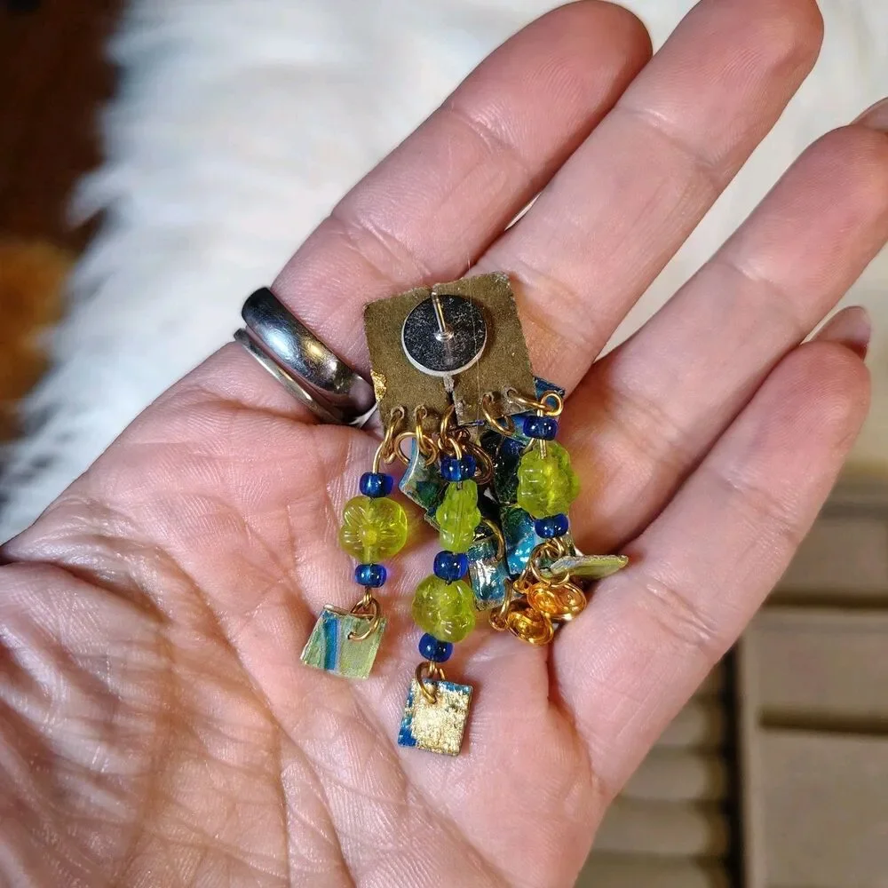 Boho YingYang Floral Green Blue Gold DropDangle Statement Earrings GypsyVTG/J120